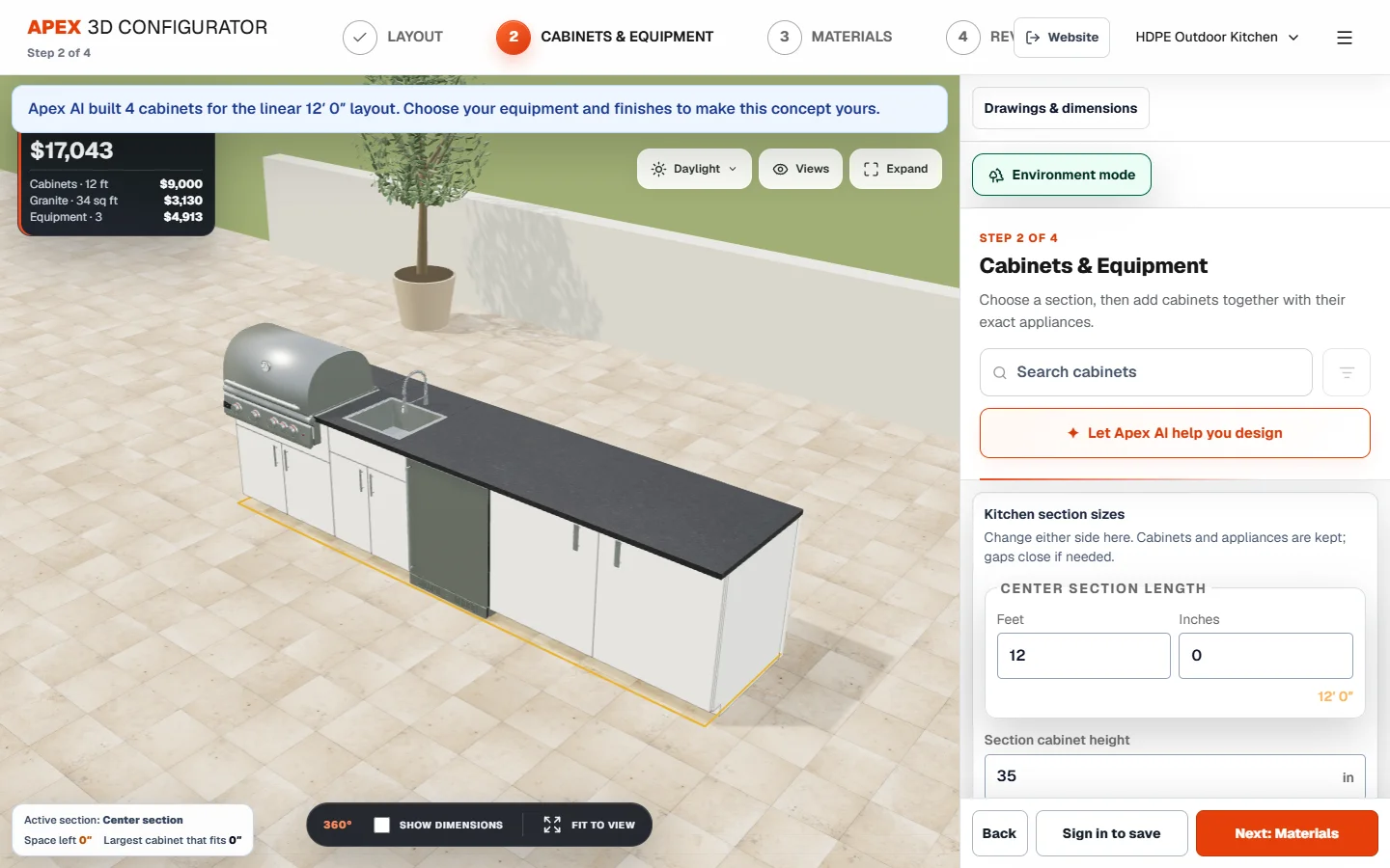 Actual Apex HDPE designer showing an outdoor kitchen layout in 3D